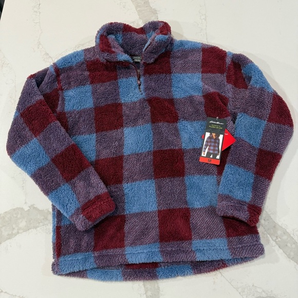 Eddie Bauer Tops - Eddie Bauer NWT Plush 1/4 Zip Pullover Sweatshirt Women’s Medium Blue/Red Plaid